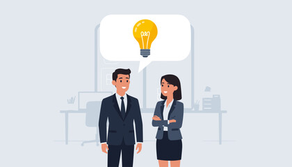 Business people brainstorming and coming up with a creative solution concept. Businessman and businesswoman communicating an idea in a modern office. Light bulb symbol for innovation and insight.