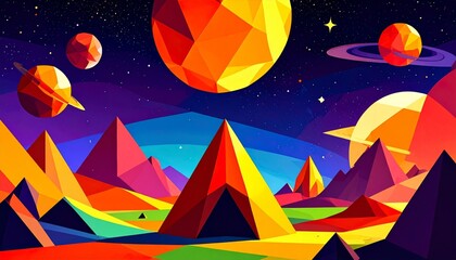 A Vivid Cosmic Dreamscape of Faceted Planets and Prismatic Mountains