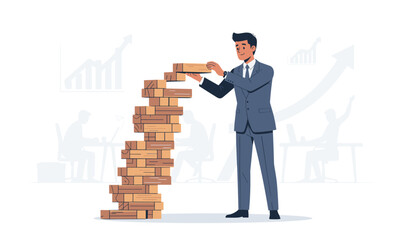 Business Strategy and Risk Management Concept with a Businessman Placing a Wood Block on a Precarious Tower, Representing Stability, Growth, and Decision Making in a Corporate Office Setting.
