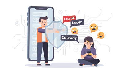 Cyberbullying Prevention Concept with Man Holding Shield to Protect Sad Crying Woman from Online Harassment, Mean Comments, and Hateful Emojis on Social Media, Flat Vector Illustration Design.