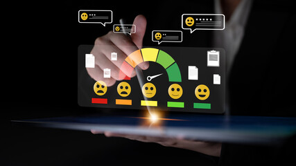 A concept of customer feedback analysis and satisfaction reporting. A dashboard for reviewing user...