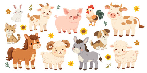 Set of flat vector characters of farm animals. Cute cartoon illustration of cow pig lamb sheep horse dog cat hen rooster goat. Funny characters for children, kids book. © Kseniya