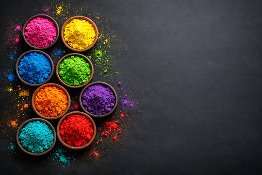 Top view of bowls containing various bright gulal colors over a textured black surface for the celebration of holi and holika dahan or rang panchami