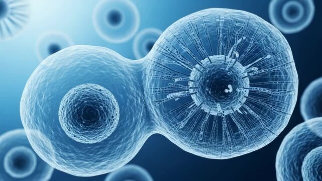 Cell division process illustration with detailed cellular structures and blue background
