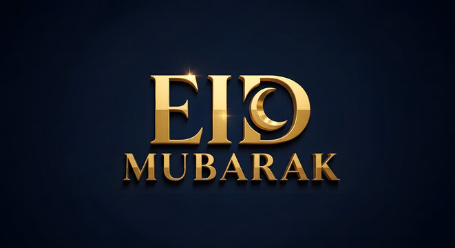 Golden Eid Mubarak text with crescent moon on dark blue full hd 4k stock image download background