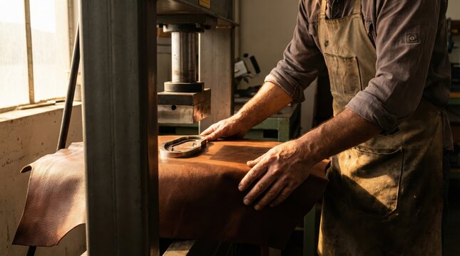 Male craftsperson working leather in workshop, using die cutter for artisanal product creation, wearing apron, caucasian, adult, warm lighting scene