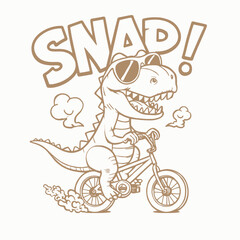 Fototapeta premium Funny cartoon dinosaur riding a bicycle with sunglasses and the word SNAP.