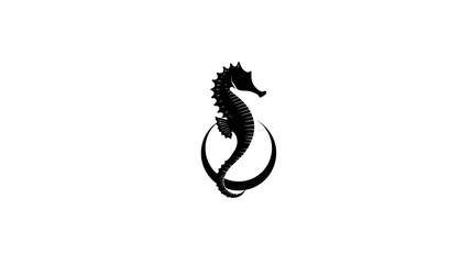 Naklejka premium Silhouetted seahorse illustration in black, with a curved crescent around it on a white background