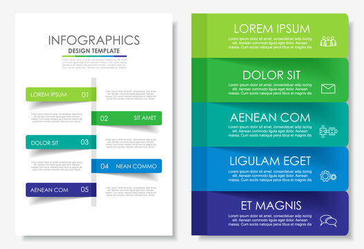 Dual infographic layouts with numbered steps, icons, and placeholder text for business, planning, or presentation purposes. Vector illustration.