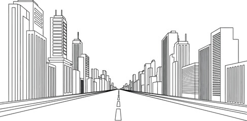 Fototapeta premium A black and white line drawing depicts a cityscape with a long road receding into the distance on transparent background silhouette