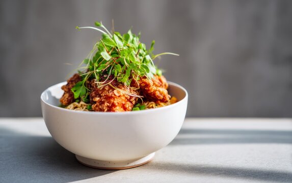 Bowl of Ramen Topped with Crispy Fried Chicken Garnish