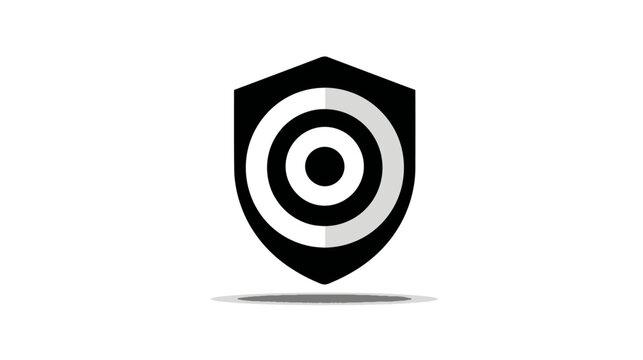 Black and white shield design with concentric circles and a central target, on a white background