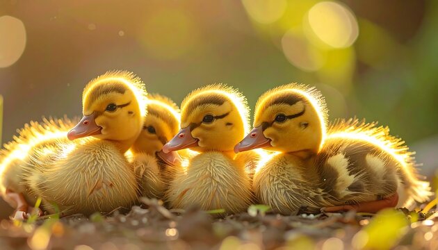 Four fluffy yellow ducklings huddled together, basking in soft, warm sunlight with blurred green background