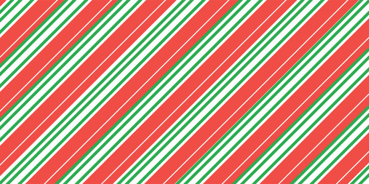 Seamless candy stripe pattern with diagonal red and green lines on white background. Cane pattern papermint theme