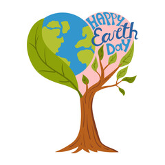 Vibrant Earth Day card featuring a heart-shaped composition with world globe integrated into a flourishing tree with green leaves. Stylized Happy Earth Day text promotes environmental care.