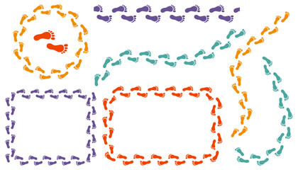 Set of colorful human footprint borders and frames in circle, square, and rectangle shapes. Includes various walking trails and path tracks, isolated on a white background for graphic design.