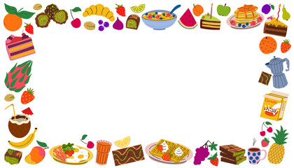 Vibrant cartoon flat style food border on a white background. Festive rectangular frame with assorted breakfast items, sweet desserts, and fresh tropical fruits. Perfect for menus and cafe designs.