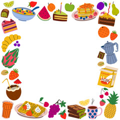 Colorful square frame of flat style breakfast food and snacks. Featuring cereal, pancakes, waffles, coffee, tropical fruits, and cakes. Decorative border for cafe menus, cards, and culinary blogs.