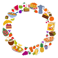 Vibrant circular frame of flat style food items, breakfast, and fruits. Colorful doodle border with pancakes, waffles, and coffee, perfect for cafe menus, greeting cards, and culinary blog designs.