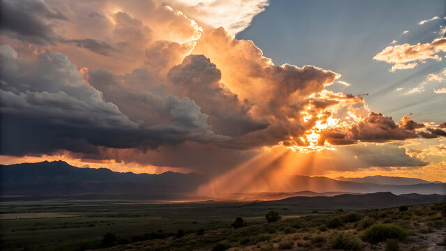 Dramatic sunset sky with sunbeams breaking through stormy clouds over mountains full hd 4k stock image download