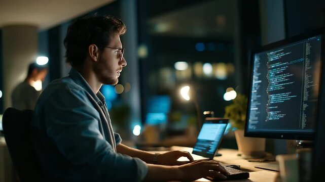 Faceless software engineer team working late in development office heavily defocused background anonymous programmer group with problem solving algorithm assistance for work