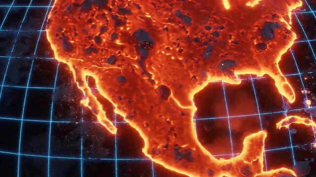 Fiery globe segments glow with molten intensity over a blue grid