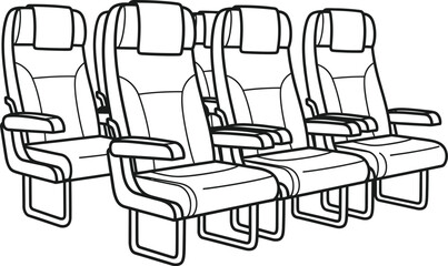 Line drawing of multiple airplane seats in a row showcasing a modern interior design on transparent background silhouette high quality professional