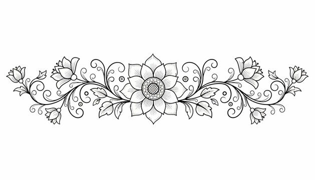 Ornate floral motif vector design, symmetrical decorative flower pattern, swirling vines and leaves, grayscale botanical art, elegant ornamental illustration, intricate nature inspired decorative bord