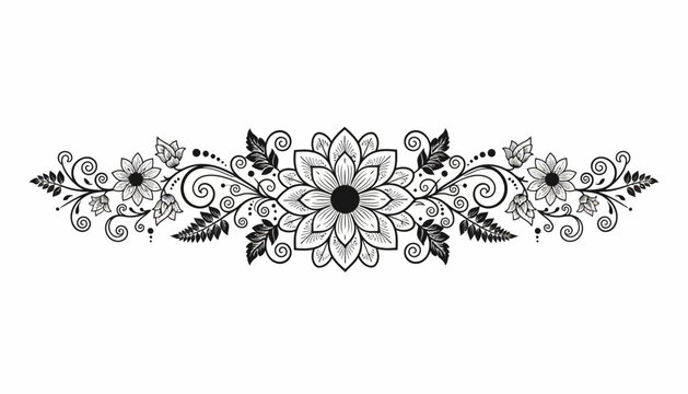 Ornate floral motif vector design, symmetrical decorative flower pattern, swirling vines and leaves, grayscale botanical art, elegant ornamental illustration, intricate nature inspired decorative bord