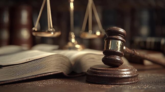 A wooden gavel rests on an open law book on a wooden desk with scales of justice in the background in a courtroom setting viewed from the side