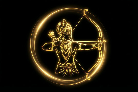 Golden neon outline of lord rama holding bow and arrow for rama puja and ram navami and dussehra festivals on black background depicting ancient mythology