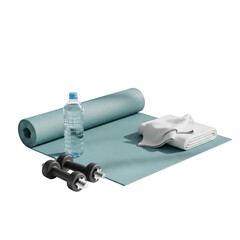 A yoga mat with a water bottle and dumbbells isolated on transparent background