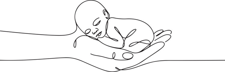 A small premature baby lies on the palm of his hand. Premature birth. World Prematurity Day. one line art icon drawing vector © jinnatun