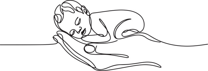 Naklejka premium A small premature baby lies on the palm of his hand. Premature birth. World Prematurity Day. one line art icon drawing vector