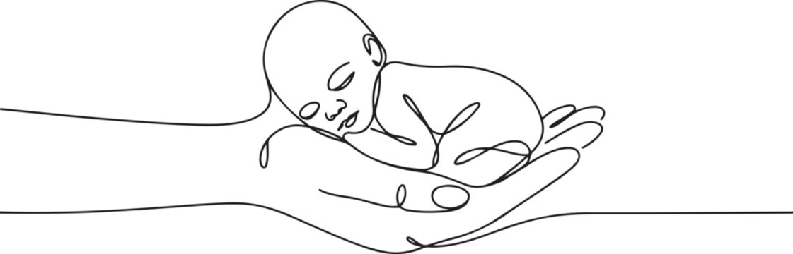 A small premature baby lies on the palm of his hand. Premature birth. World Prematurity Day. one line art icon drawing vector