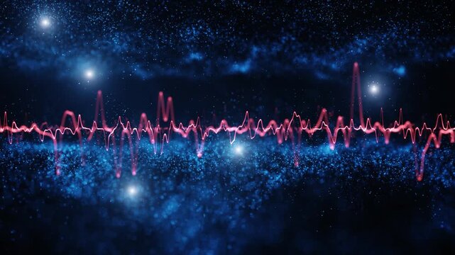 Abstract background with red oscillating waveform like heartbeat over blue particle field, glowing lights and dynamic energy motion. Seamless looping.