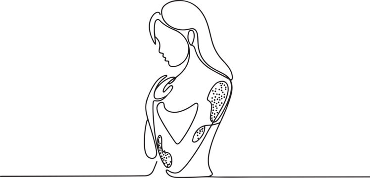 A woman with multiple psoriasis rashes all over her body. International Psoriasis Day. one line art icon drawing vector