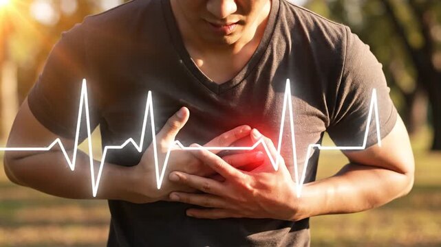 Man clutches his chest in agony with an overlaid heart rate line, symbolizing a sudden cardiac event or severe chest pain in an outdoor setting, highlighting a critical health emergency