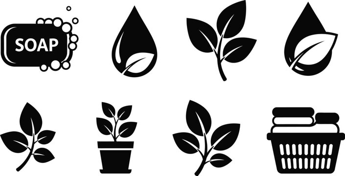 Black and white icons depicting soap leaves water droplets a plant in a pot and a bar of soap on transparent background silhouette