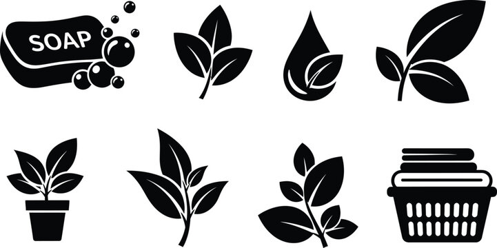 Soap bar leaves plant and basket icon set in black silhouette on transparent background ideal for natural and organic designs