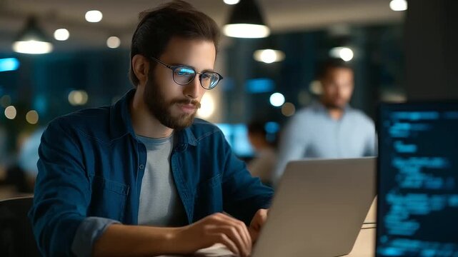 Faceless software engineer team working late in development office heavily defocused background anonymous programmer group with problem solving algorithm assistance for work