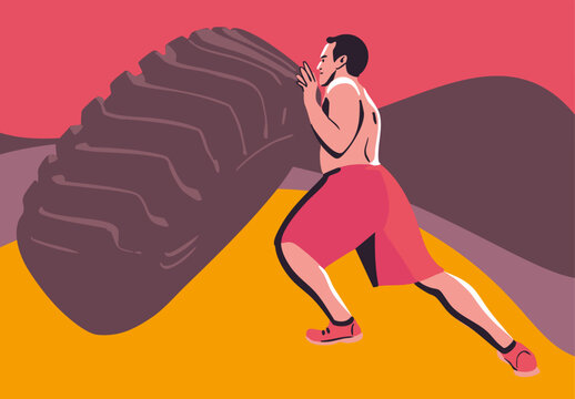 A man doing a tire flip. Vector illustration. Color illustration. Suitable for posters, banners, and postcards.