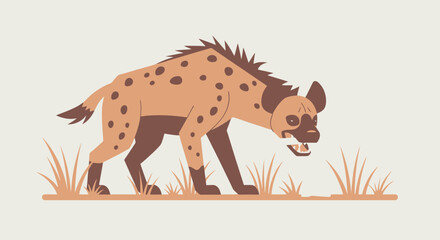 Obraz premium Vector illustration of a spotted hyena walking through tall grass with its mouth open in a threatening manner set against a beige background