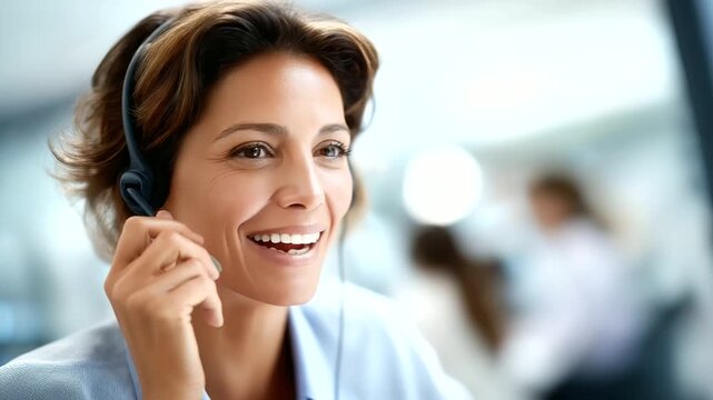 Faceless portrait of smiling businesswoman operator heavily defocused background anonymous professional speaking with client via headset computer call center contact help