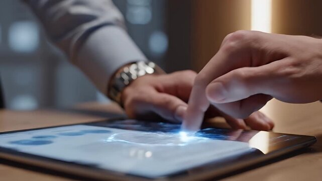 Close-up of hands interacting with a tablet displaying data