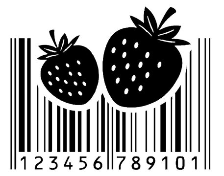 Strawberry Barcode Illustration: Black and White Fruit Packaging Concept for Grocery and Product Labeling