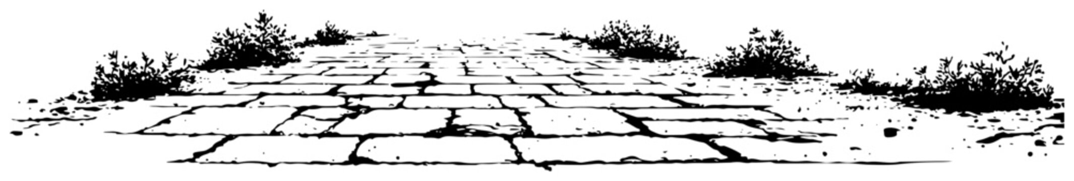 Perspective view of a stone road with grass and shrubs in woodcut style