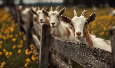 Obraz premium Goats peeking over a rustic wooden fence, standing in a vibrant spring field of yellow flowers during the easter season