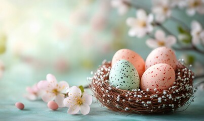Fototapeta premium Speckled pastel easter eggs resting in a delicate nest adorned with delicate gypsophila, surrounded by blossoming spring flowers