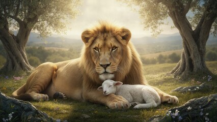 Obraz premium Sleeping lamb protected by lion on grassy hill. Divine light rays and biblical peace concept. Trust and harmony between animals